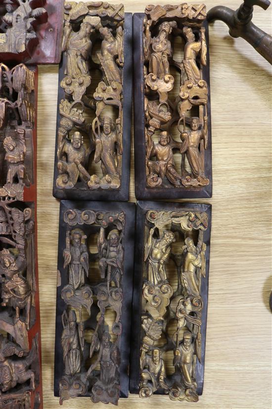 Ten Chinese carved giltwood panels of court scenes and immortals